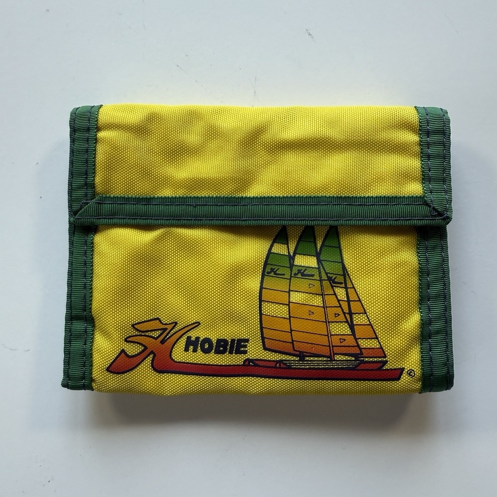 Vintage 1980s HOBIE‎ Logo Sailboat Nylon Tri-Fold Wallet Yellow Green Surf Ocean